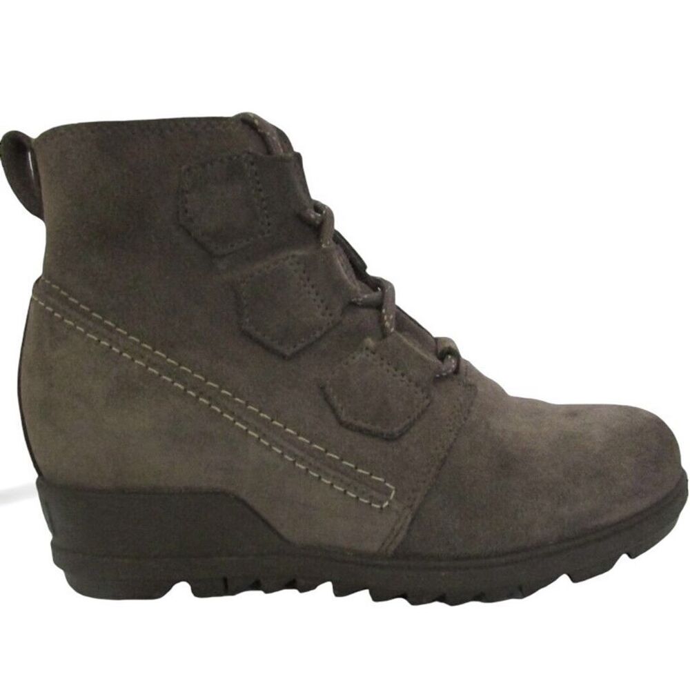 SOREL Evie Taupe Grey Suede Lace Up Waterproof Wedge Ankle Bootie Size 8 - Picture 3 of 12